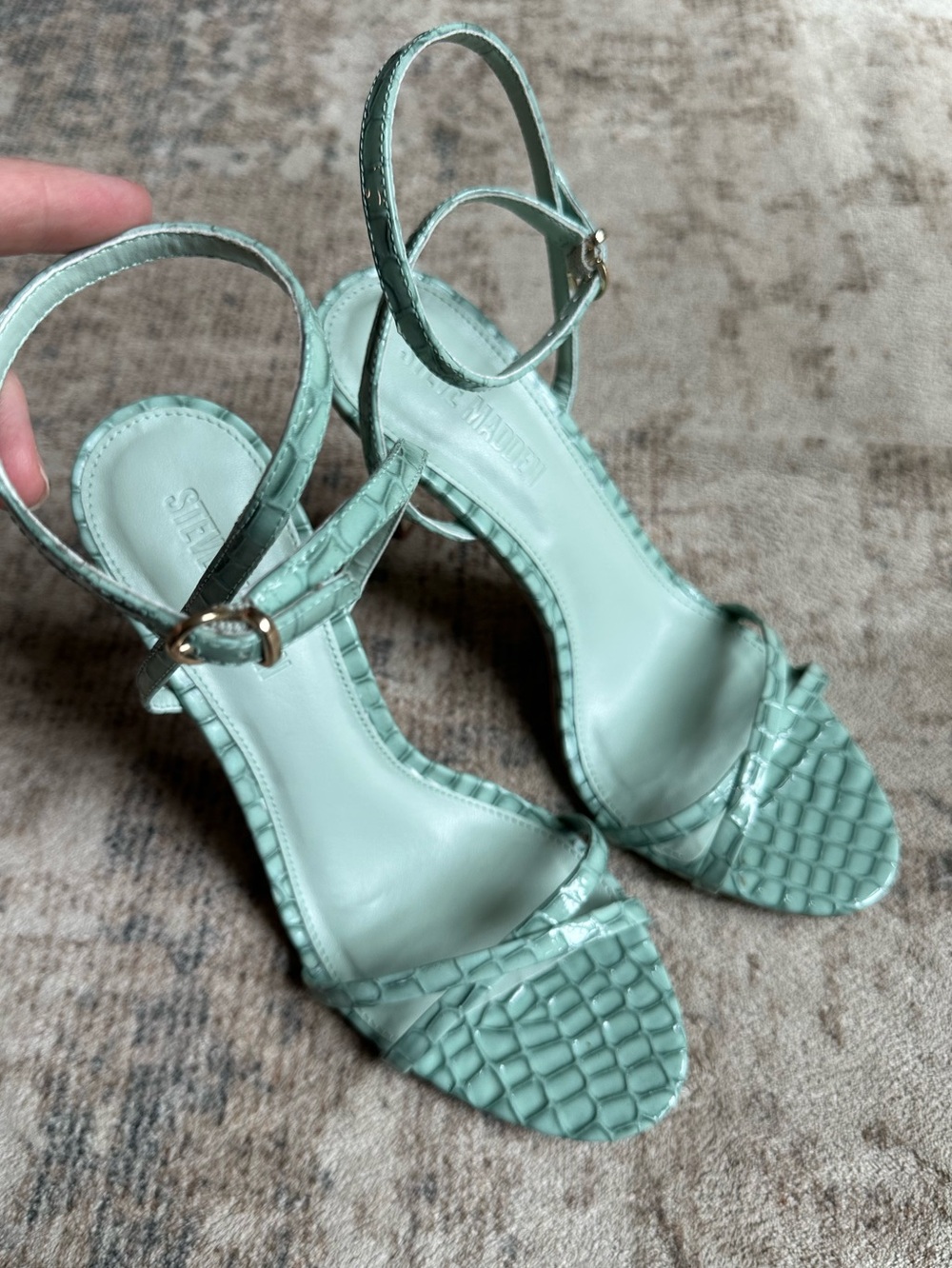 Steve Madden Gypsy Croc Embossed Strappy Stiletto Sandals Seafoam Green 8M - Picture 3 of 8